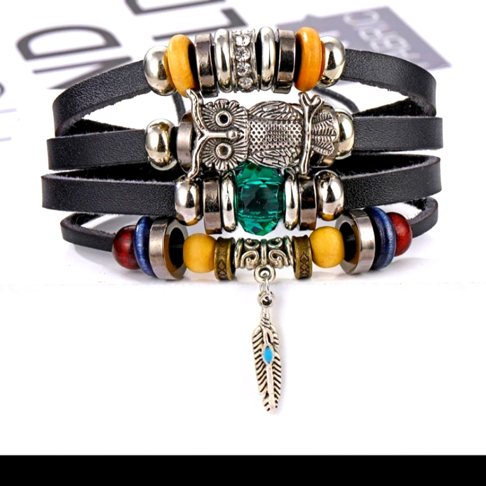 Layered Owl Leather Bracelet